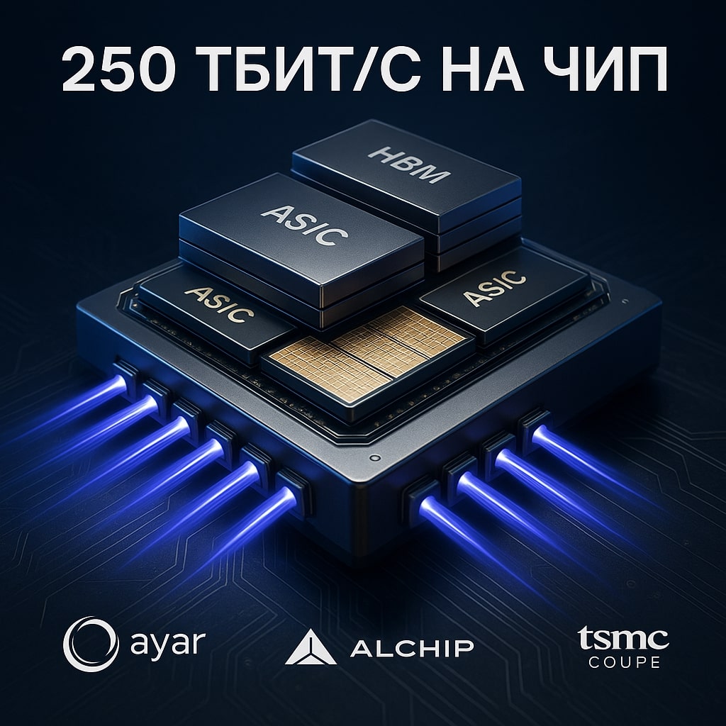 250 Тбит/с на чип: Ayar Labs, Alchip и TSMC предложили референс-дизайн для упаковки ASIC, памяти и оптических модулей в одном чипе