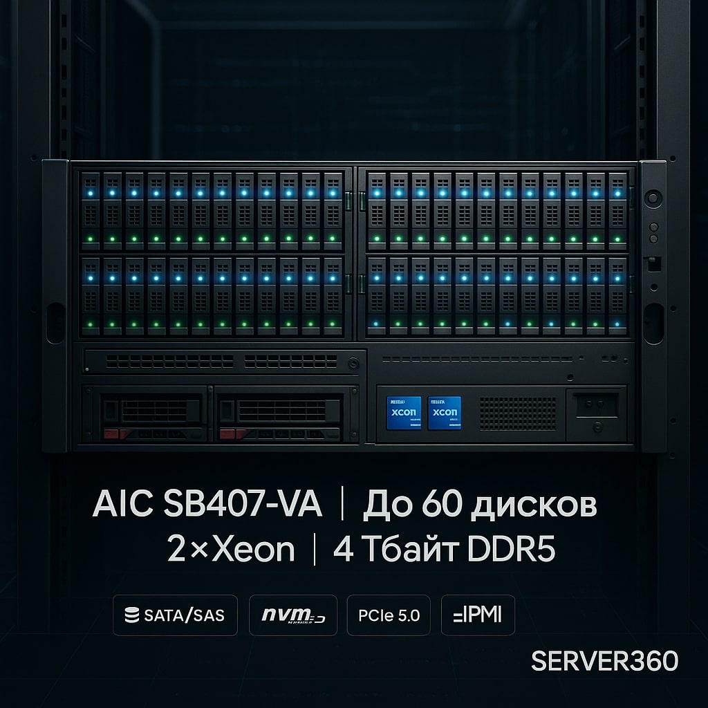 Сервер хранения AIC SB407-VA: 60 накопителей LFF SATA/SAS и мощь Intel Sapphire Rapids в одном корпусе