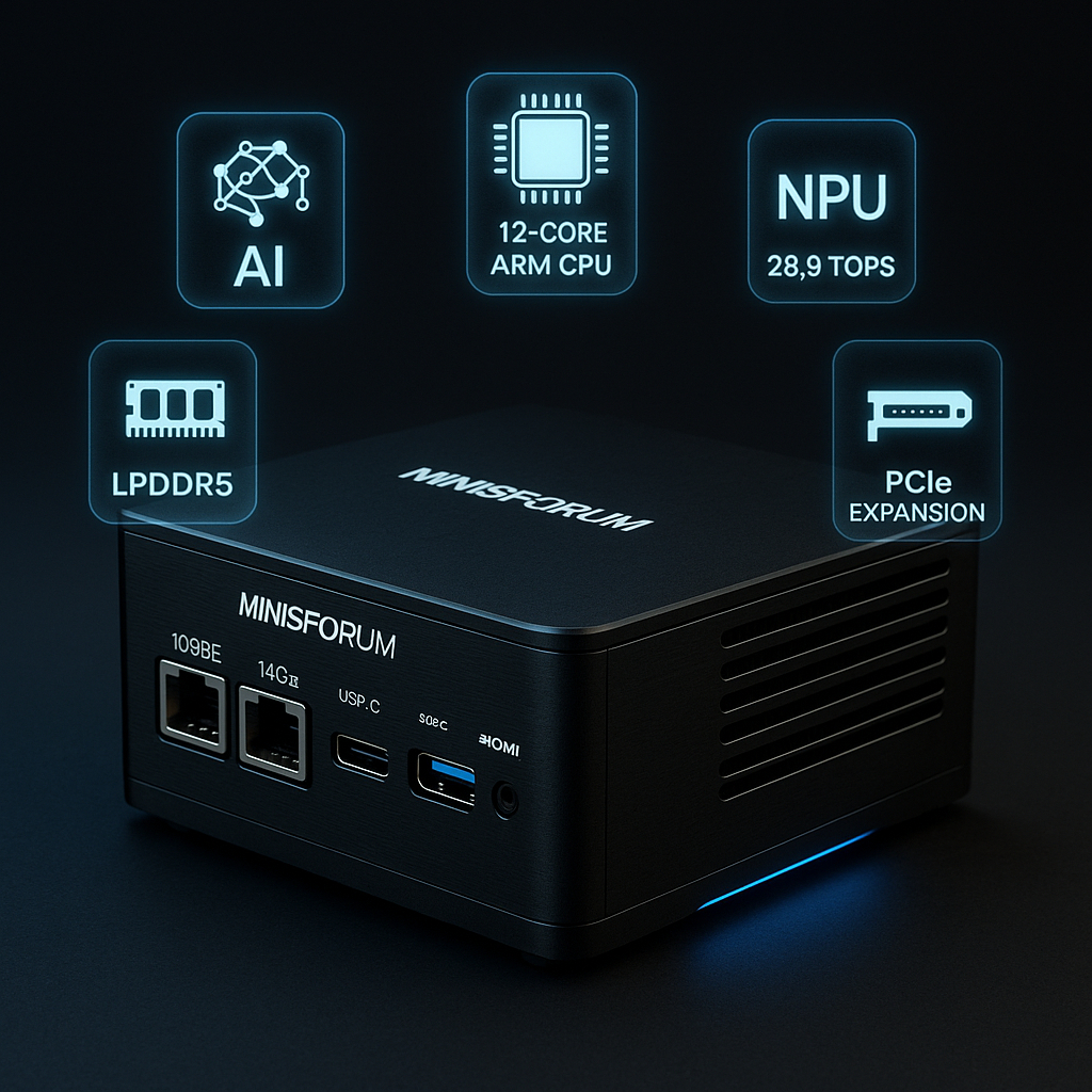 Компактная рабочая станция Minisforum MS-R1 получила 12-ядерный Arm-процессор с NPU и два порта 10GbE