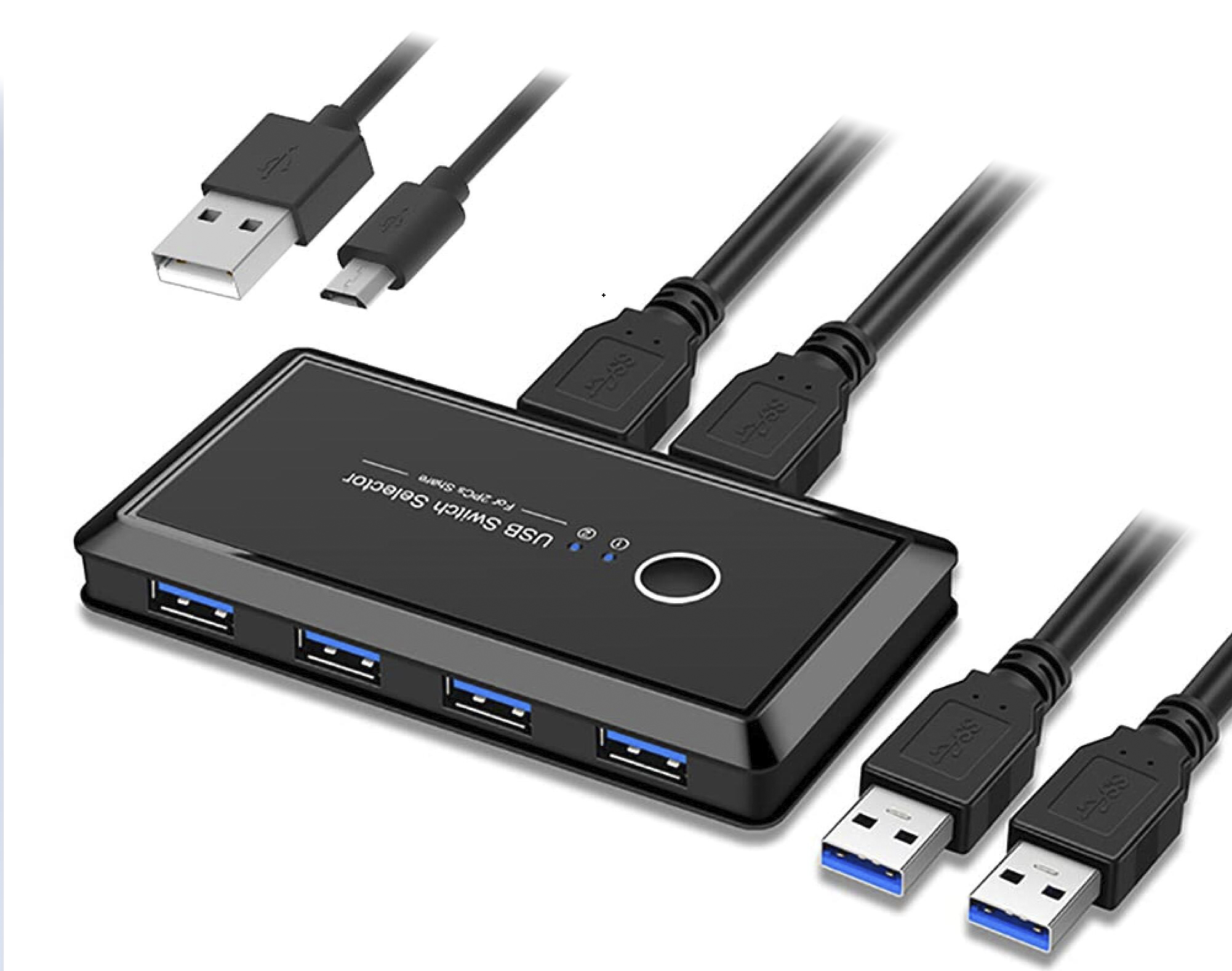 CORN USB 3.0 Sharing Switch Selector 4 Port 2 Computers Peripheral Switcher Adapter Hub for PC, Printer, Scanner, Mouse, Keyboard with One Button Swapping and 2 Pack USB Male Cable