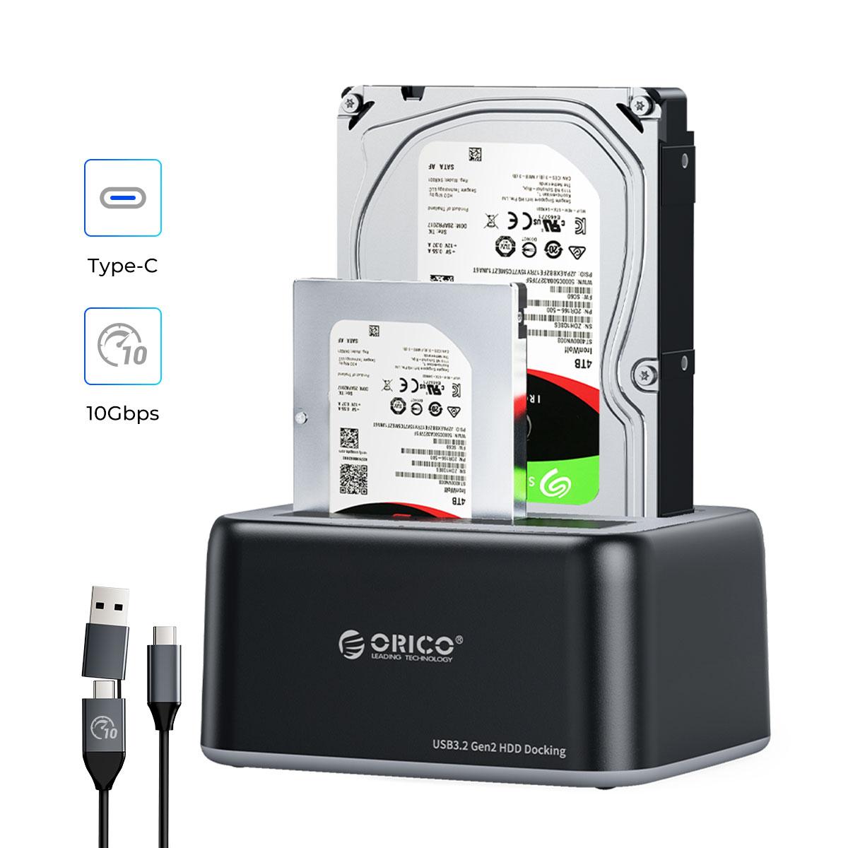 ORICO SATA to Type-C Dual Bay HDD Docking Station for 2.5/3.5 inch HDD/SSD Support 2X18TB Max 12V3A Power Supply 2 Bay Without Clone Function