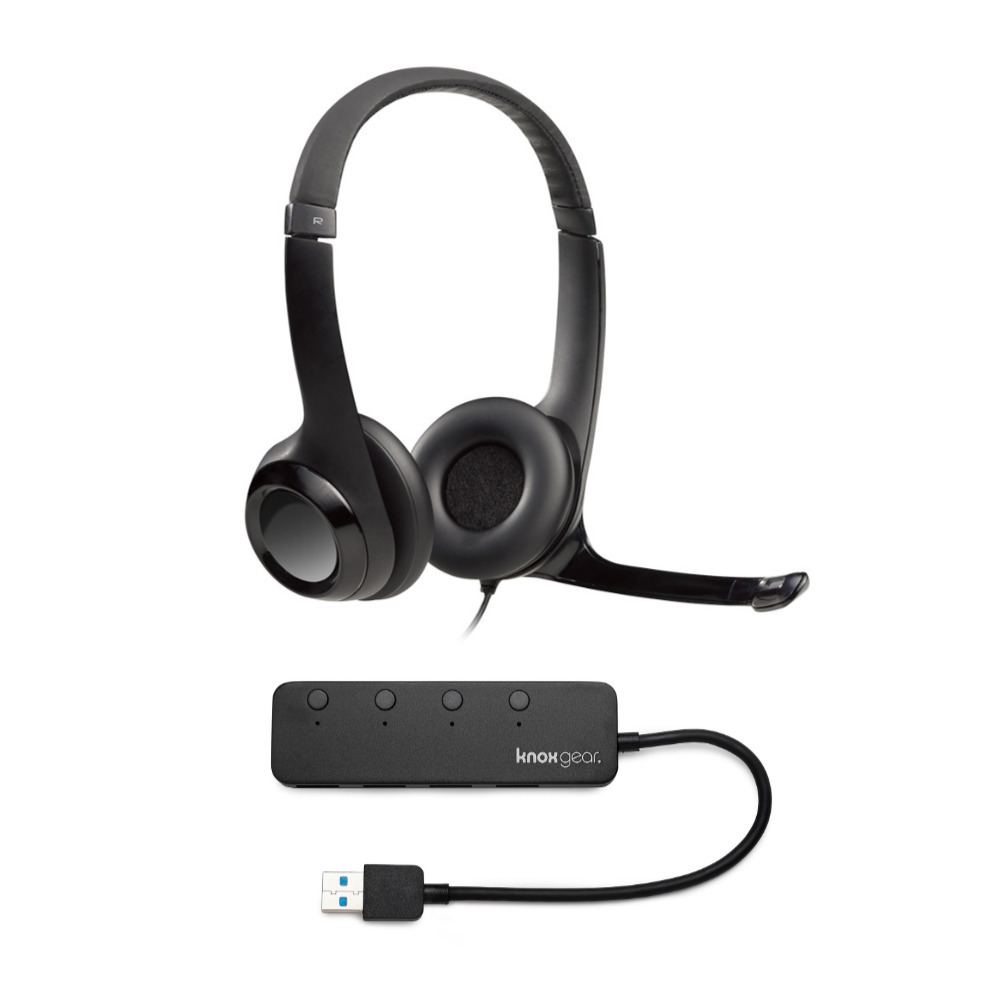 Logitech USB Headset H390 with Noise Cancelling Mic and 4 Port USB Hub