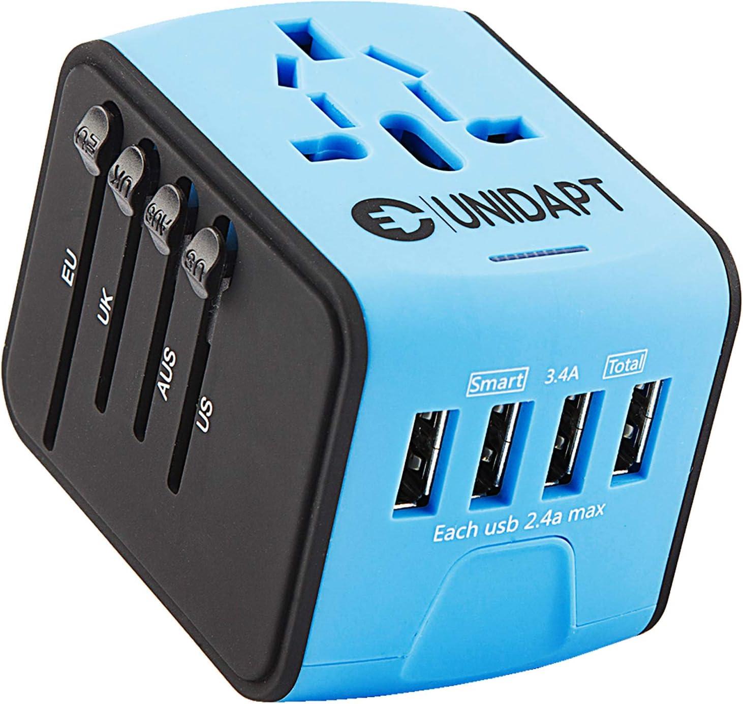 Unidapt Universal Travel Adapter, International Plug Adapter Fast 2,4A 4-USB European Power Plug, AC Wall Charger  Worldwide Outlet for Europe US USA UK EU AUS, Blue