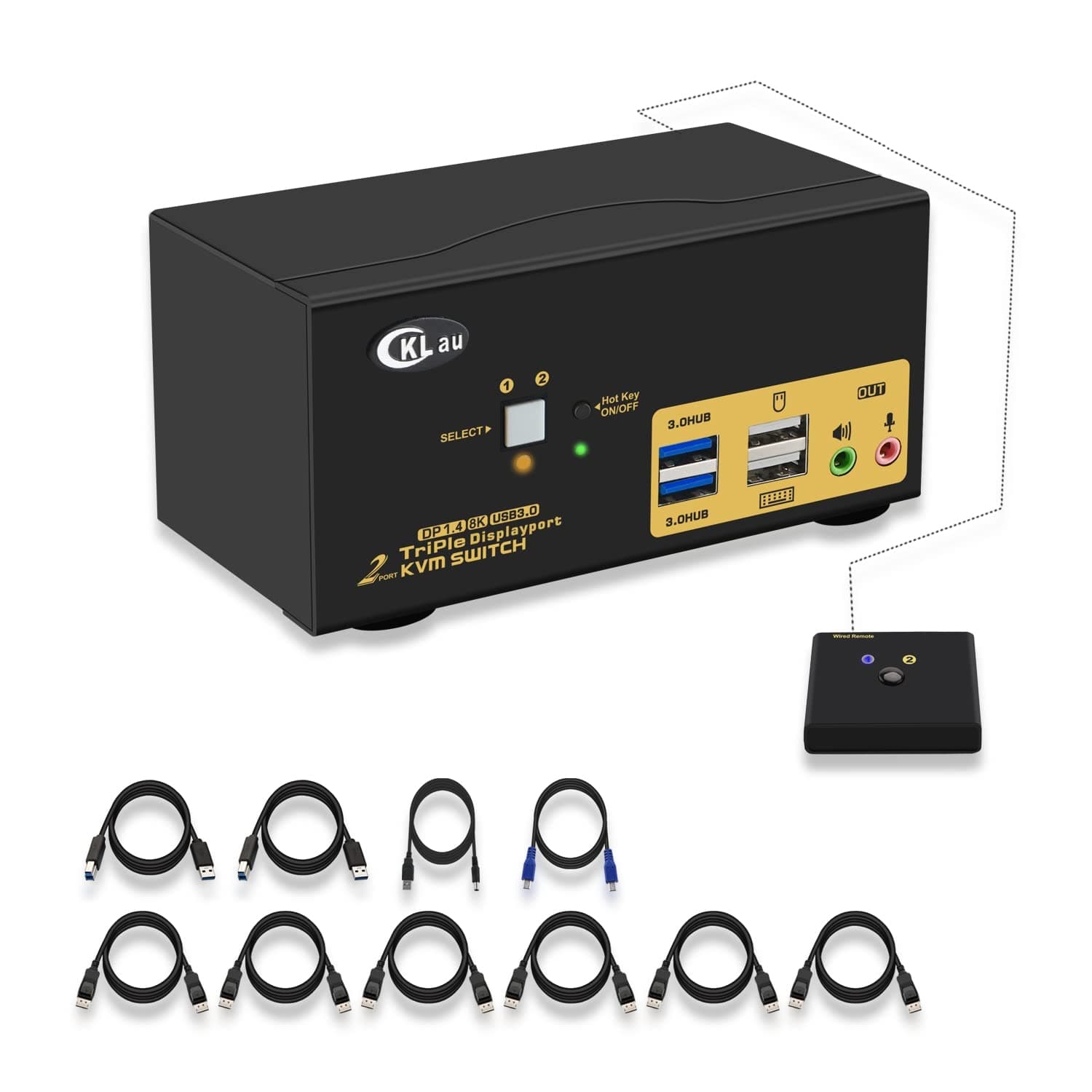 CKLau 2 Port USB 3.0 Triple Monitor KVM Switch Displayport 1.4 Support 8K@30Hz 4K@144Hz, 2 Computers 3 Monitors Video Keyboard Mouse Peripheral Audio Sharing Selector Box with Cables