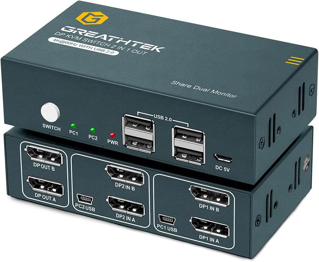 KVM Switch DP Displayport Dual Monitor Extended Display 2 Port, 4 USB 2.0 Hub, UHD 4K@60Hz YUV4:4:4 Downward Compatible,with All Needed Cables