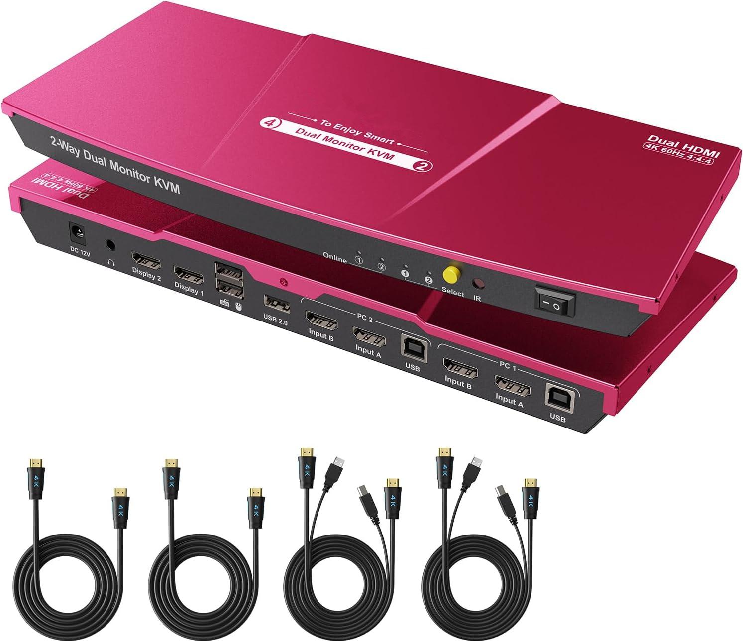 CORN HDMI KVM Switch 2 Monitors 2 Computers 4K@60Hz, USB 2.0, Dual Monitor KVM Switch HDMI 2 Port Extended Display, EDID emulators, L/R Audio, Hotkey Switch, Button Switch with All Cables