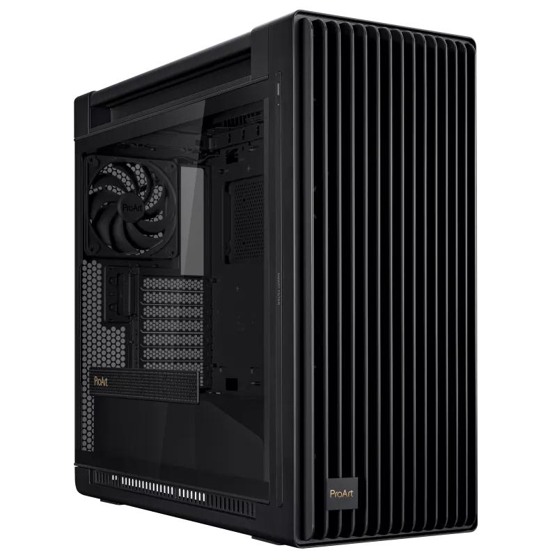 ProArt PA602 E-ATX computer case, 420 mm radiator support, one 140 mm and two 200mm pre-installed system fans, front panel IR dust indicator, power lock latch, tool-less PCIe mounting, USB 20Gbps
