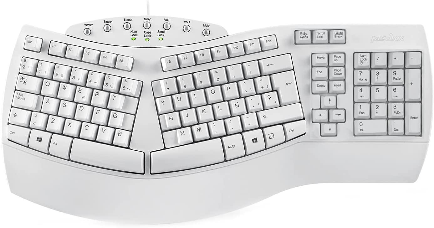 Perixx PERIBOARD-512W ES USB Teclado Ergonomico — 19.09×9.29×1.97 Inches — Blanco — QWERTY Espa?ol, White