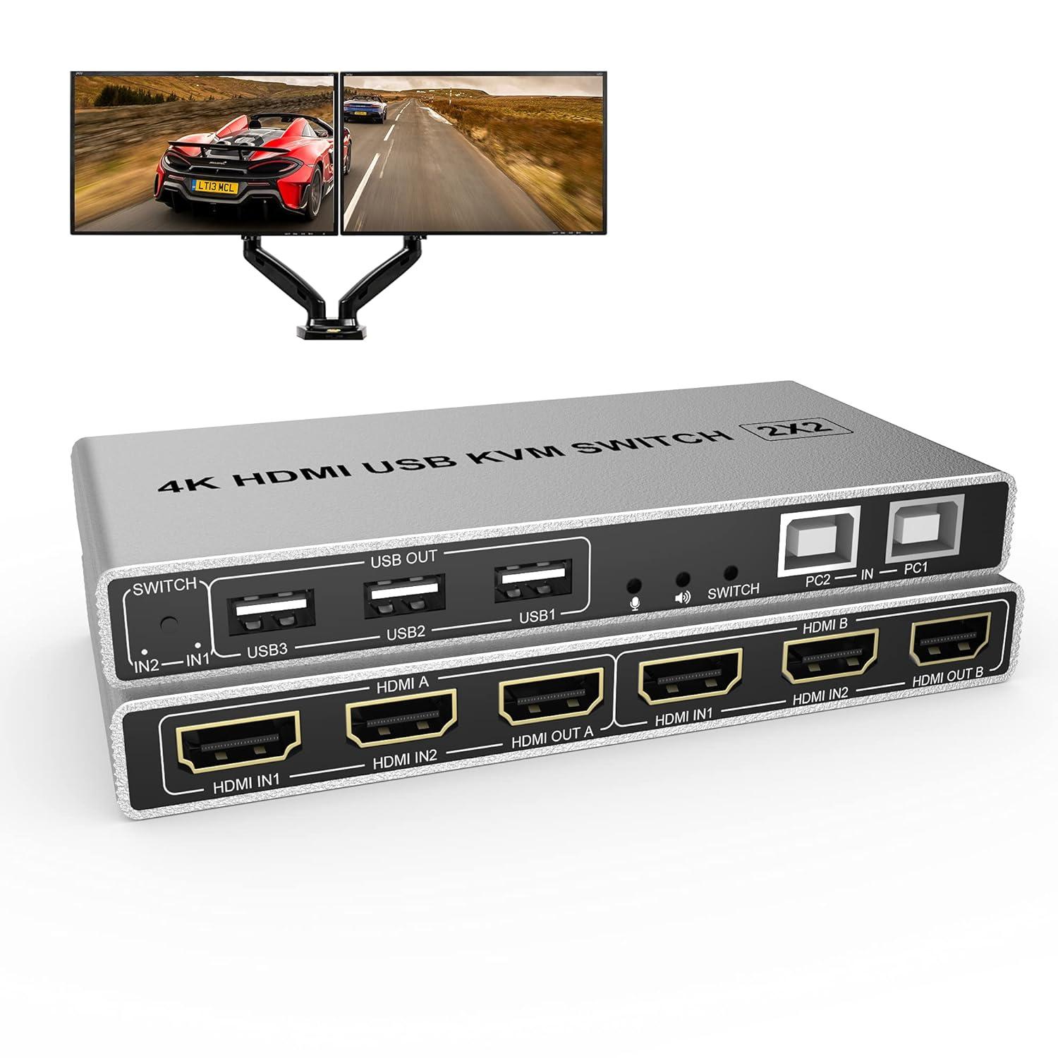 Dual Monitor KVM Switch HDMI 2 Port Extended Display, KVM Switch 2 in 2 Out with Audio Microphone Output and 3 USB 2.0 Ports, 4K@60HZ 2 HDMI Monitors 2 Computers Switch, with 2 USB Cables