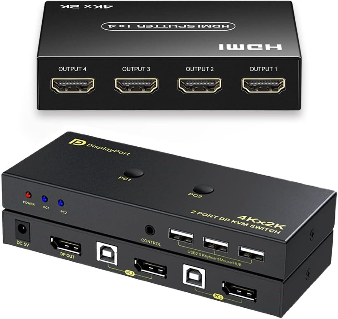 HDMI Splitter 1 in 4 Out, DisplayPort KVM Switch 2 Port Support 4K@60Hz, 2K(2560X1440)@120Hz