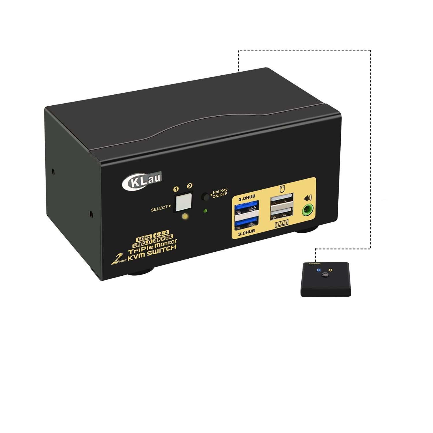 CKLau 4K@60Hz 2 Port HDMI KVM Switch Triple Monitor with Audio, Cables and 2 USB 3.0 Hub for 2 Computers Sharing Single Keyboard Mouse, 3 Monitors and 2 Peripherals Support HDMI 2.0, HDR10