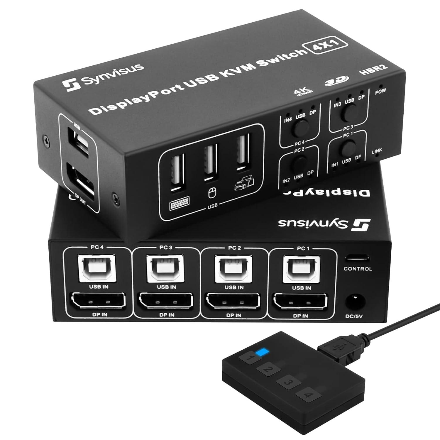 Synvisus DisplayPort KVM Switch 4 Port 3D UHD 4K@60Hz, 2K@120Hz 4 in 1 Out USB and DP1.2 KVM Switcher, with 4 USB Cables-Upgraded Version