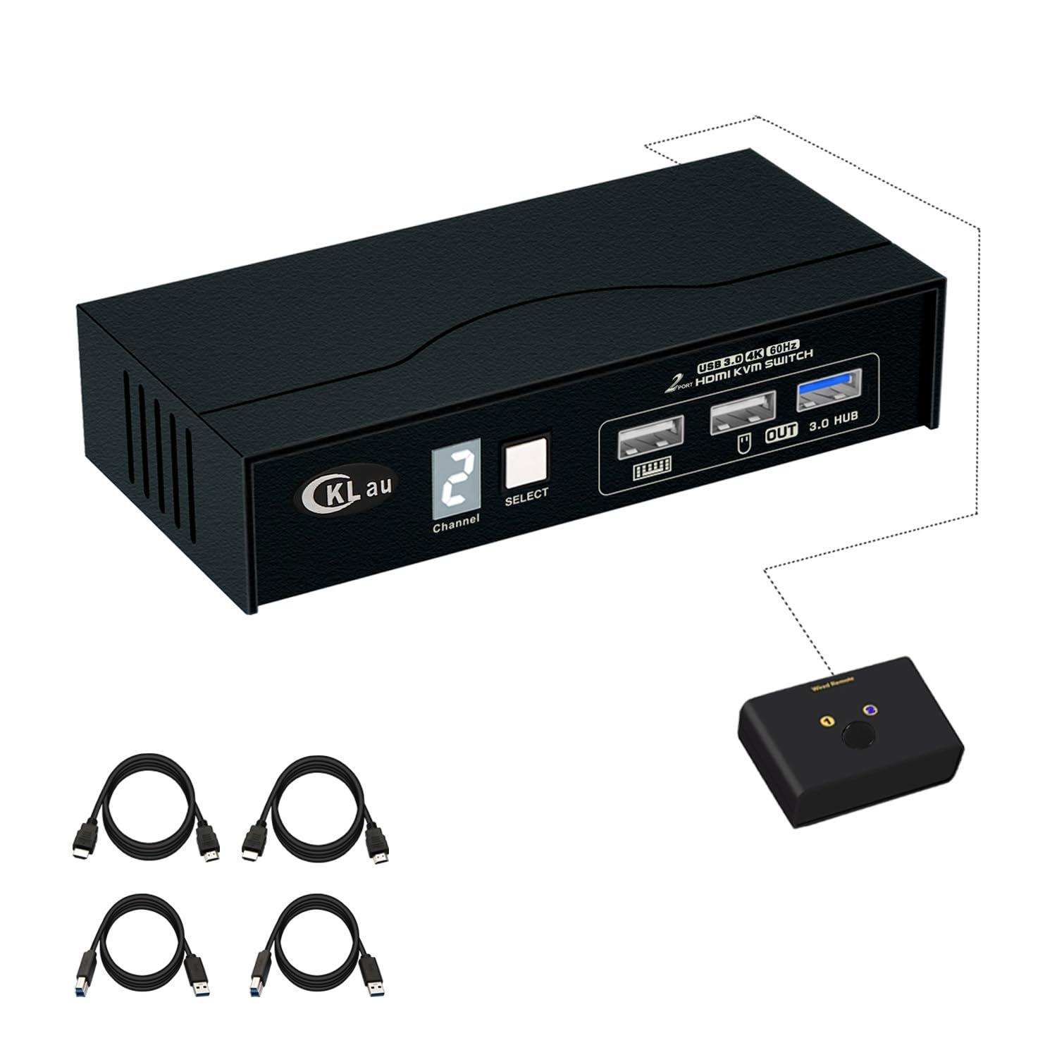 CKLau USB 3.0 2 Port HDMI KVM Switch 4K60Hz 2K144Hz with All Input Cables, Digital Display Support Manual Switching, Wired Remote Switching