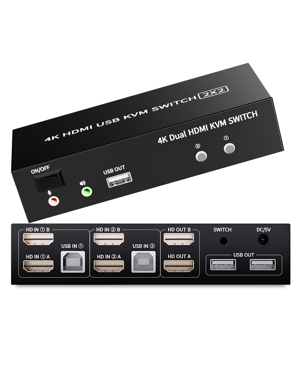 2-Port HDMI USB KVM Switch 4K@60Hz, BolAAzuL Dual-Port USB 2.0 HDMI 2.0 KVM Switcher 2X2, Keyboard Mouse Peripherals Switcher KVM HDMI USB 2 in 2 Out for 2 PCs 2 Monitors