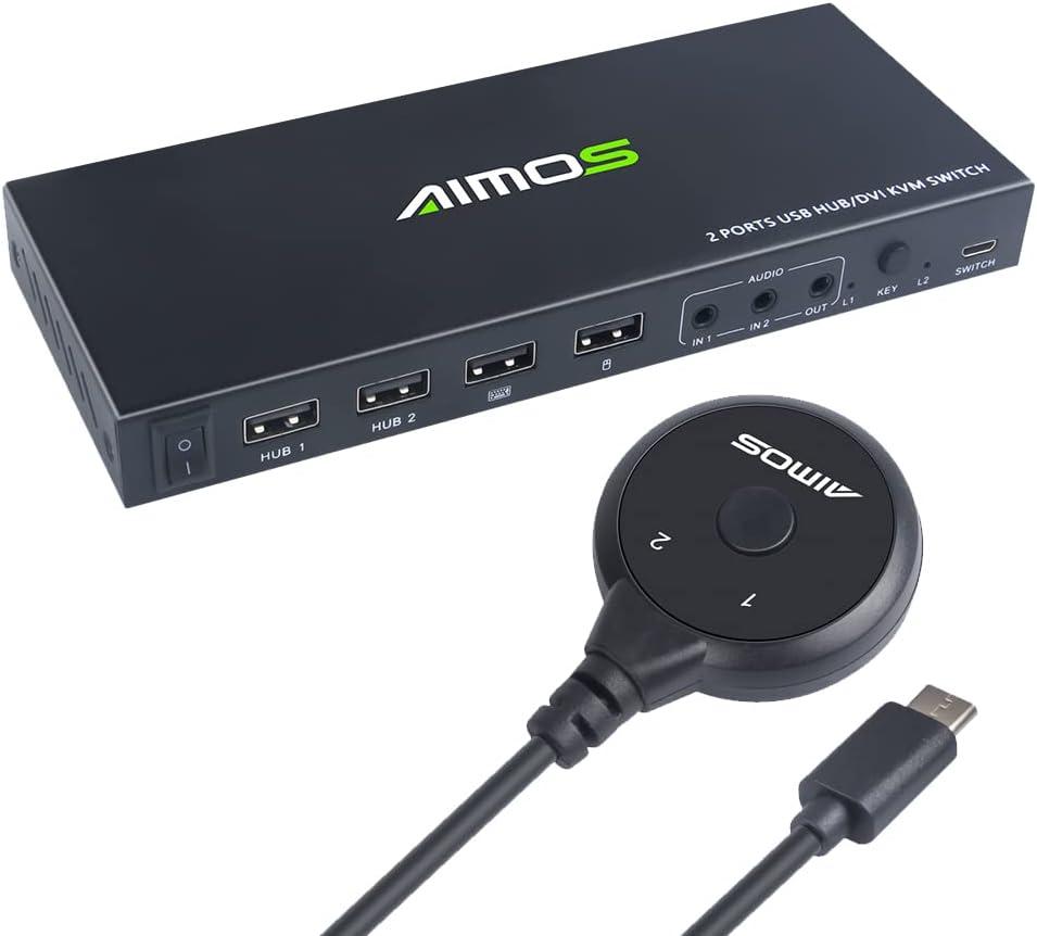 mewmewcat DVI Switch, 2 in 1 Out DVI KVM Switch Dual Displays Support 1920 * 1200@60Hz/2 USB2.0 HUB/Mouse Keyboard Sharing/Audio in & Out Black