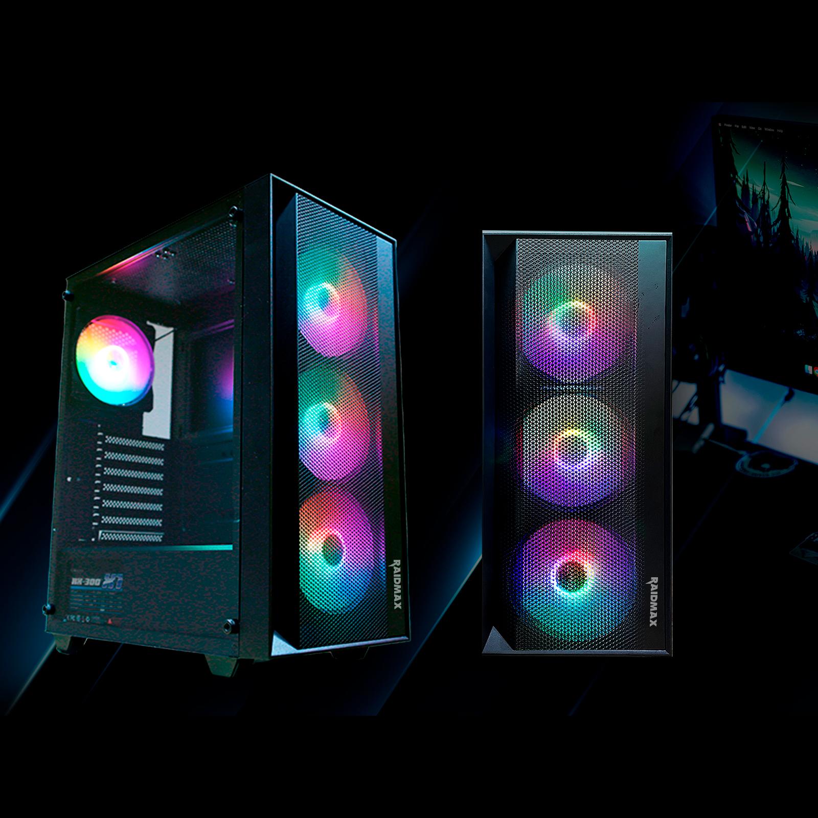 RAIDMAX V100 Gaming Case with 4 Pre-Installed Rainbow Fans, ATX Mid Tower Case, Gaming PC (Black)