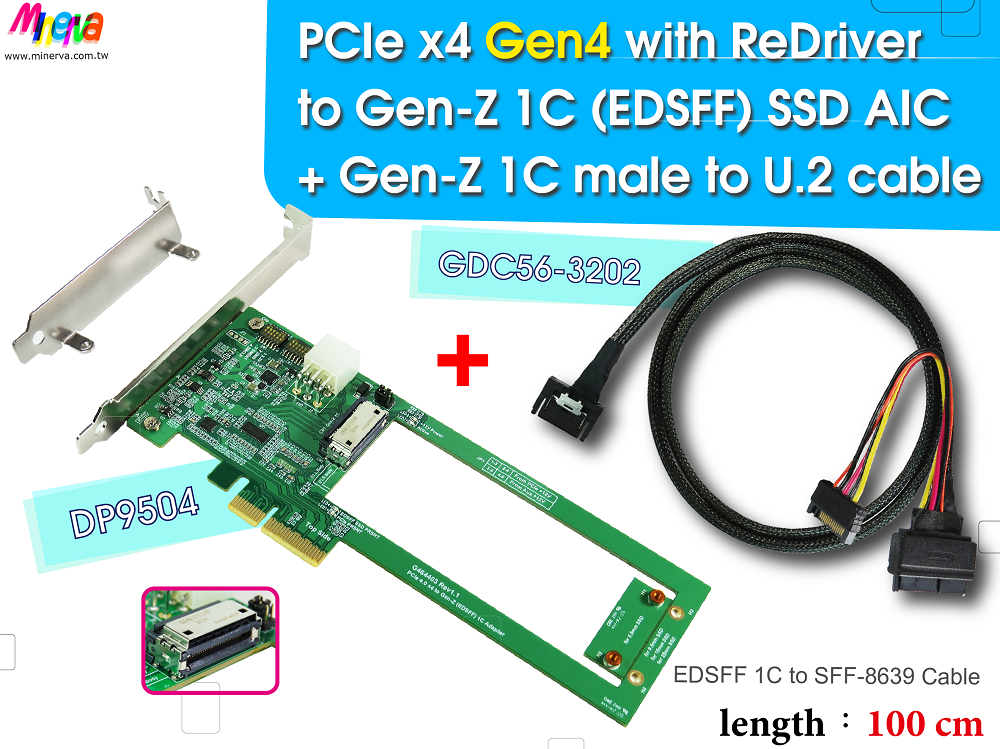 PCIex4 Gen 4 with ReDriver for EDSFF 1C+Gen-Z 1C to U.2 Cable, 100cm