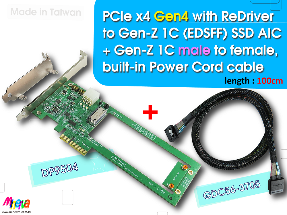 PCIex4 Gen 4 with ReDriver & Hot Swap controllers for EDSFF 1C & Gen-Z 1C Male to Female built-in power cord cable, 100cm