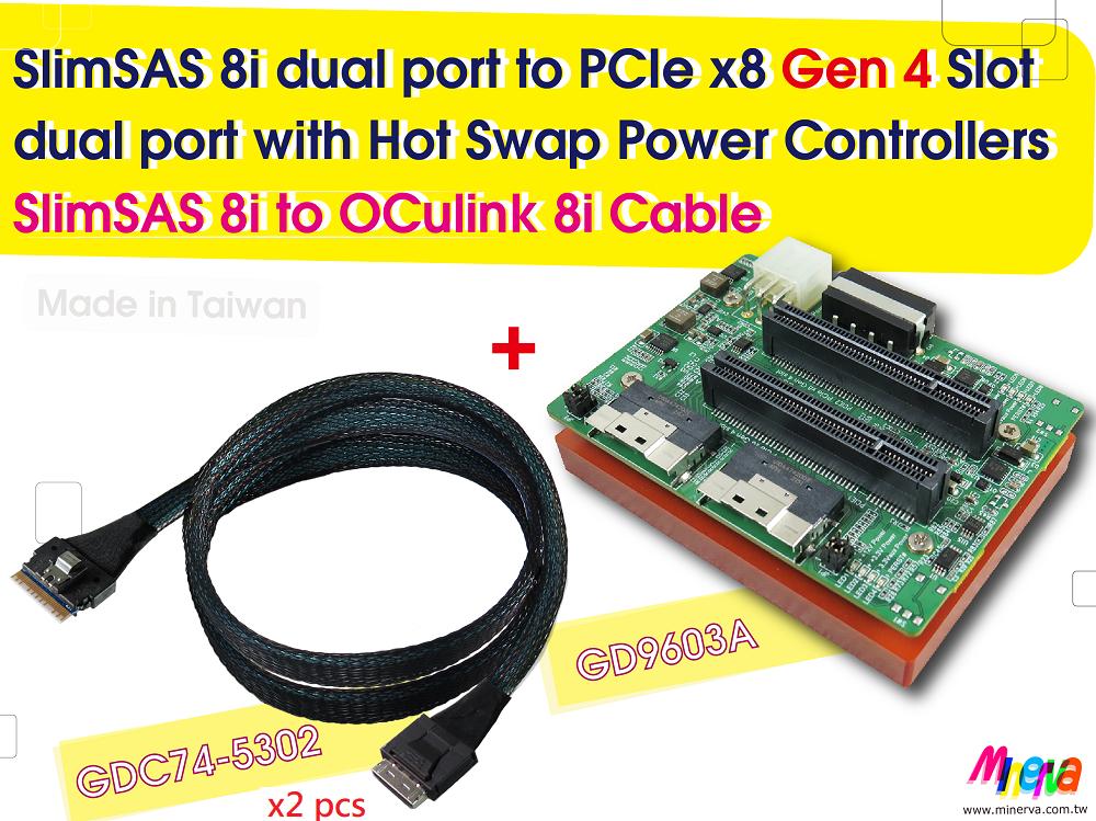 Адаптер SlimSAS 8i (SFF-8654) dual port to PCIe x8 Gen4 с Hot plug и кабелями Oculink 8i (2шт, 100см)