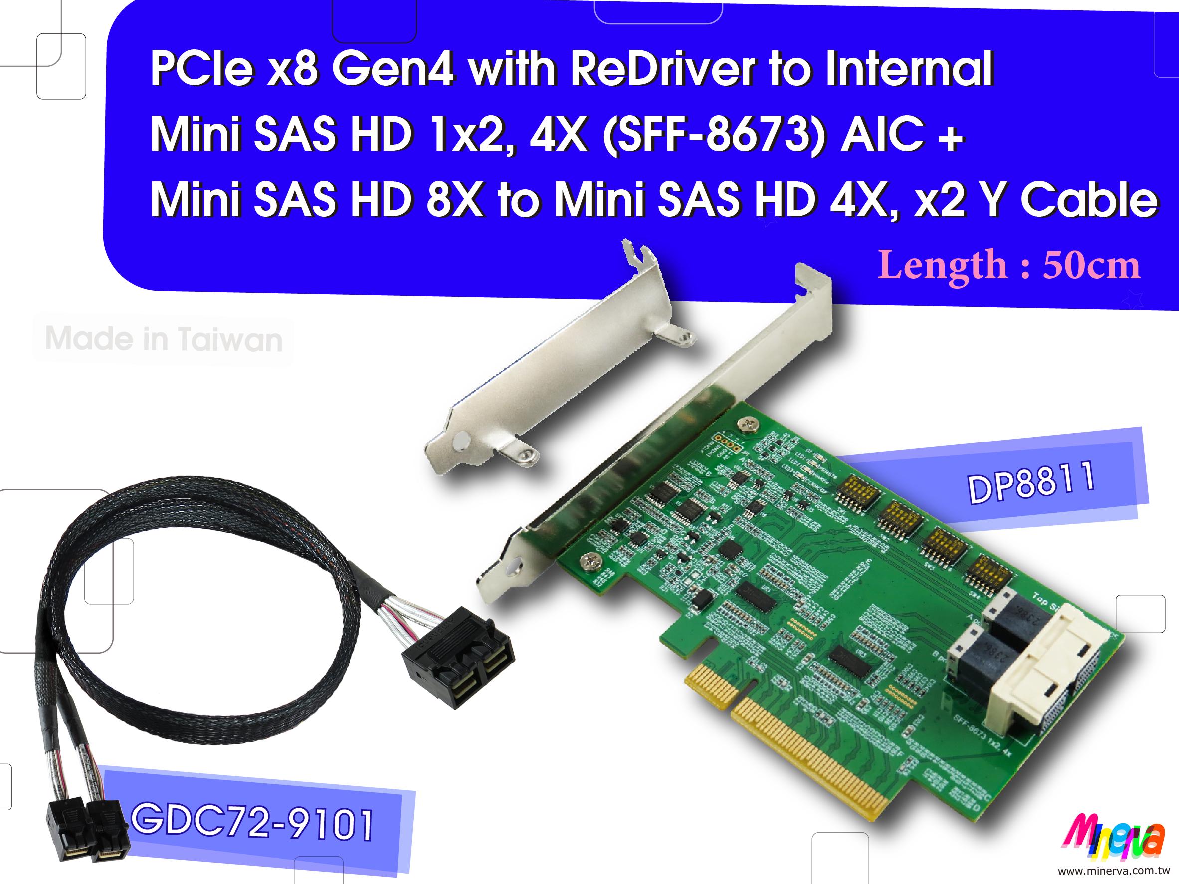 PCIe x8 Gen4 with ReDriver to Internal Mini SAS HD 1×2, 4X AIC & Mini SAS HD 8X to Mini SAS HD 4X, x2 Cable, 50cm