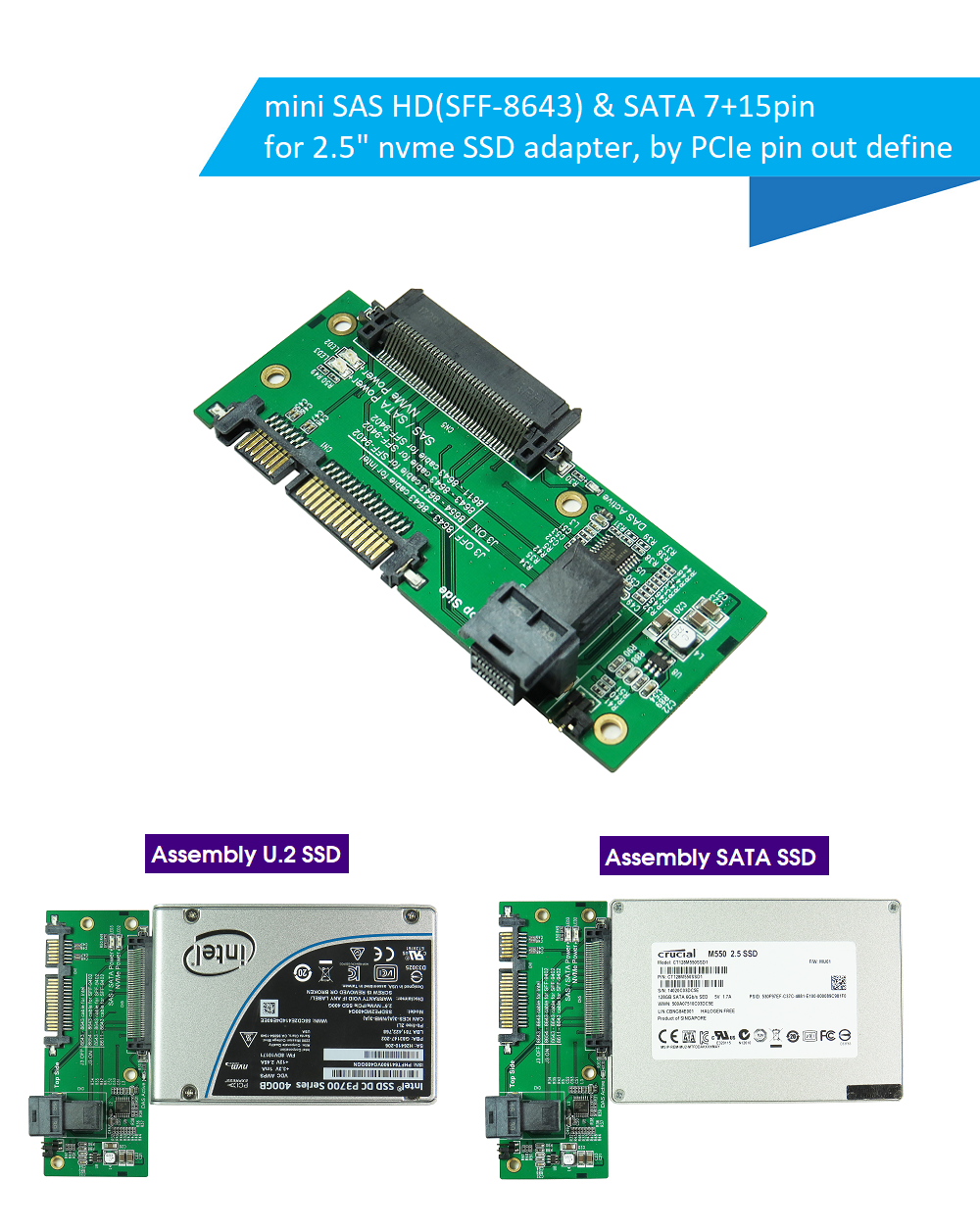 Innocard mini SAS HD(SFF-8643) & SATA 7+15pin for 2.5″ nvme SSD adapter, by PCIe pin out define