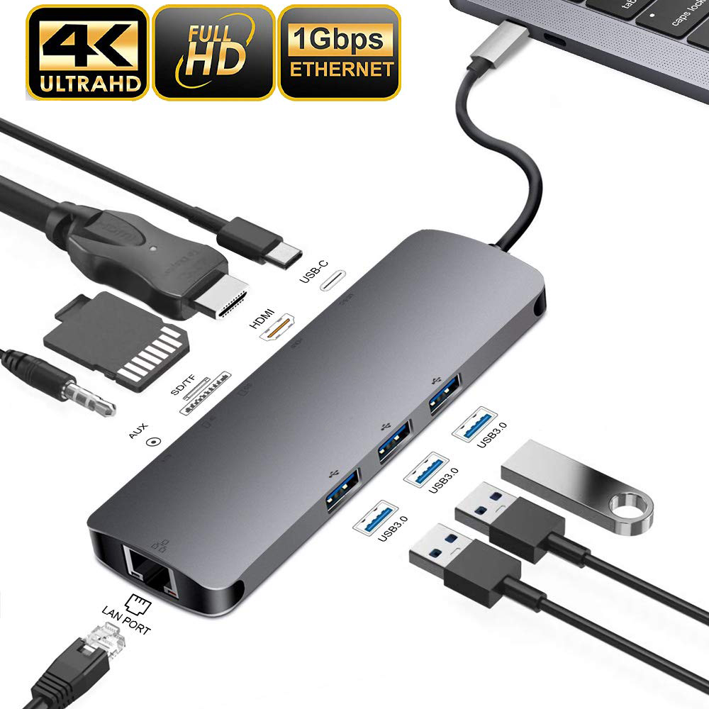 USB-C хаб LUOM 9-в-1: Адаптер с Ethernet, HDMI 4K, USB 3.0 и PD