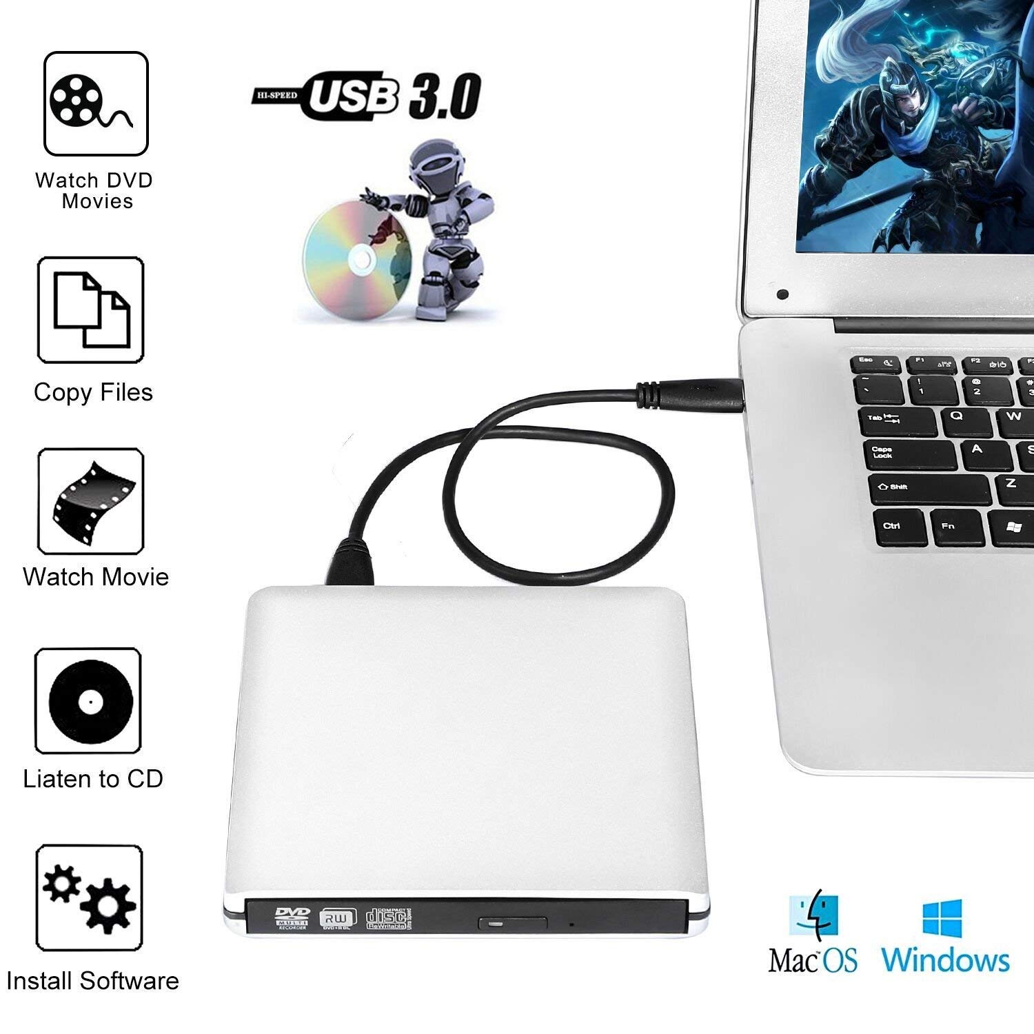 LUOM Aluminum External CD Drive USB 3.0 Portable CD DVD +/-RW Drive DVD/CD ROM Rewriter Burner Writer Compatible with Laptop Desktop PC Windows Mac Pro MacBook (XD058, Silver)