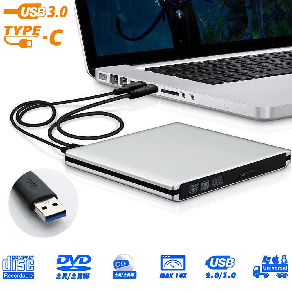 LUOM Aluminum External CD DVD Drive, USB Type C Dual Port CD Drive, DVD +/-RW CD +/-RW Writer Burner Player with Classic Silver for MacBook Air, MacBook Pro, Mac OS, PC Laptop (XD058, Silver)