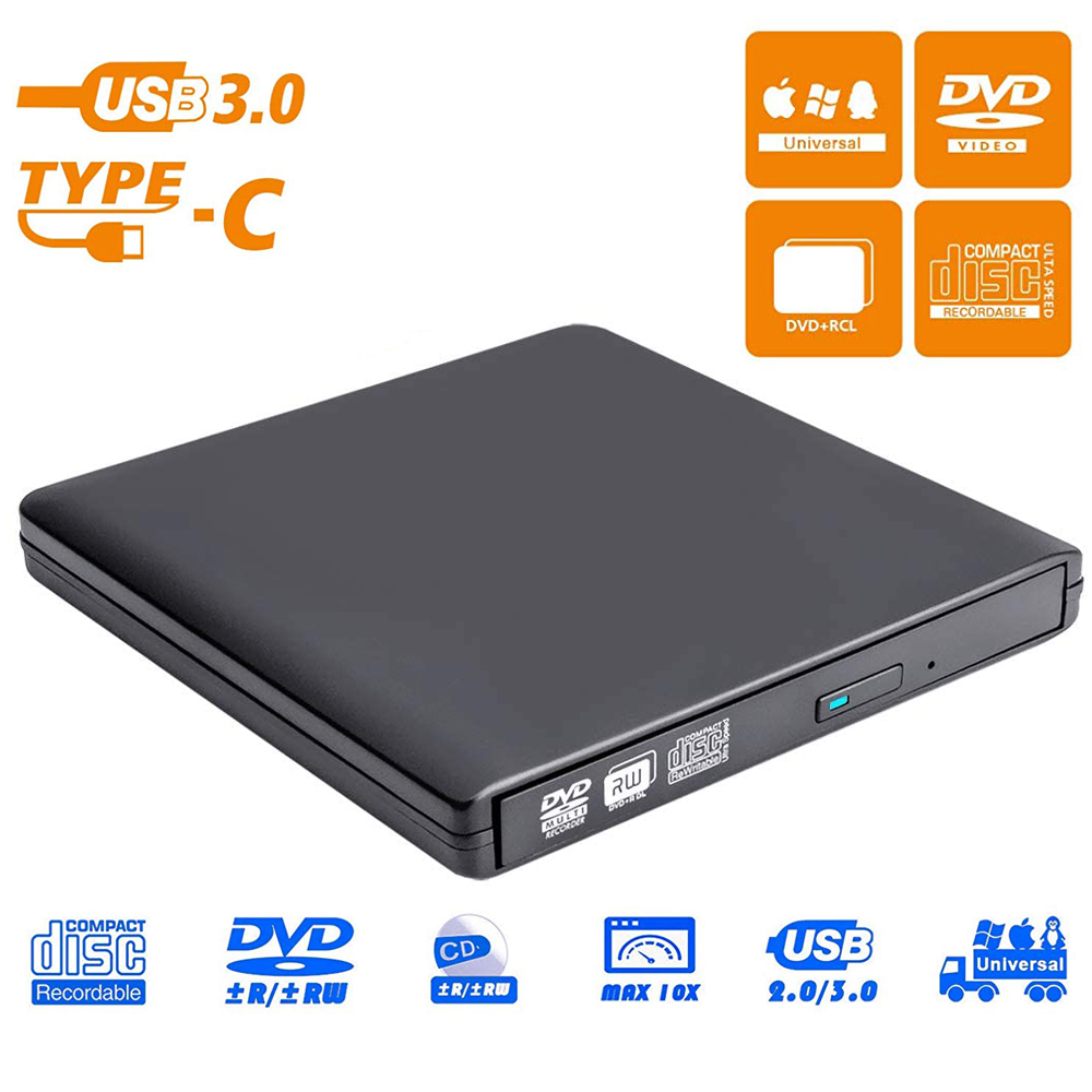 LUOM Aluminum External DVD CD Drive, USB 3.0 Type-C Portable CD/DVD ROM +/-RW Drive/DVD Player Rewriter Burner Compatible with Laptop Desktop PC Windows Apple Mac (XD058, Black)