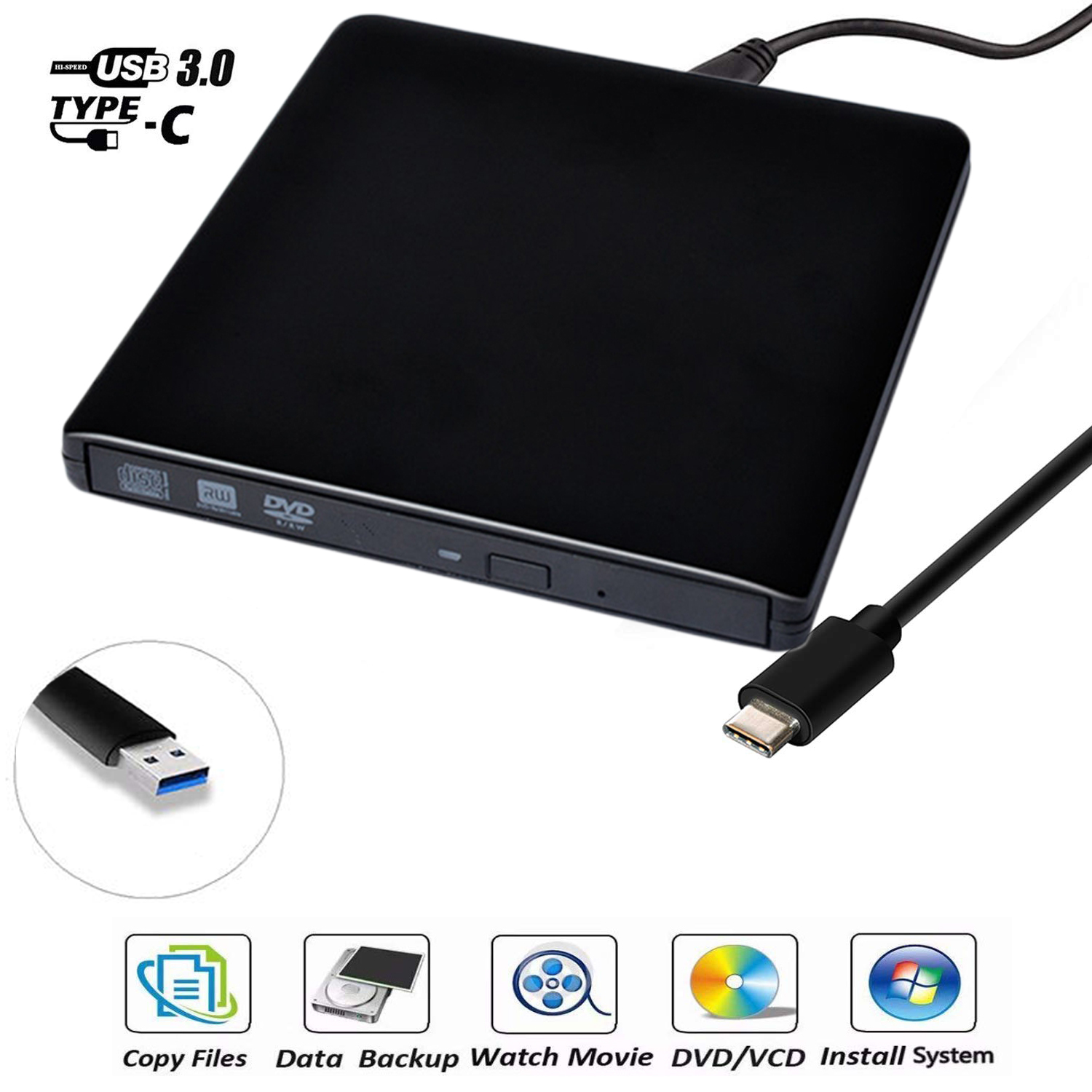 LUOM Aluminum DVD Player for Laptop, USB 3.0 Type-C Dual Port Portable External CD DVD Drive, Drive Slim DVD/CD ROM Rewriter Burner Compatible with Laptop Desktop PC Windows Linux OS Apple Mac, Black