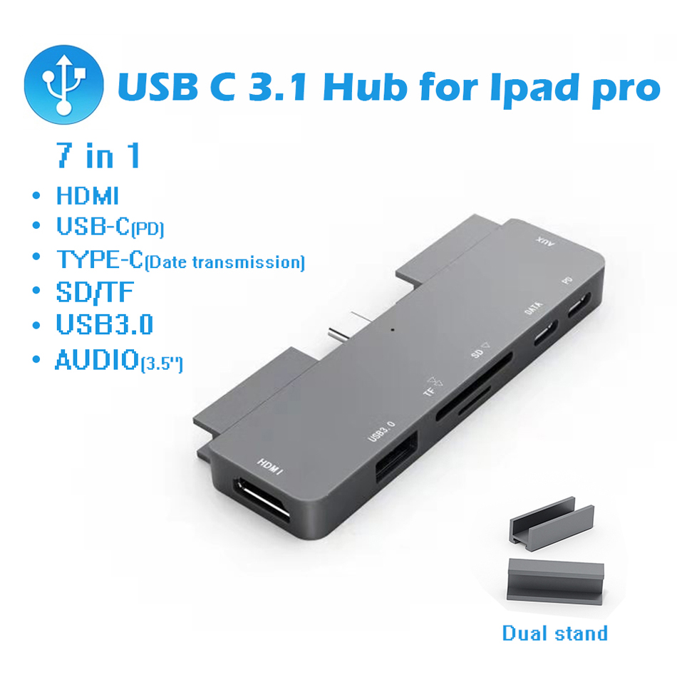 Aluminum Type-C Mobile Pro Hub Adapter with USB-C PD Charging, 4K HDMI, USB 3.0 & 3.5mm Headphone Jack, PD Charging&Data,SD/Micro Card Reader — For 2020/2018 iPad Pro, Microsoft Surface Go