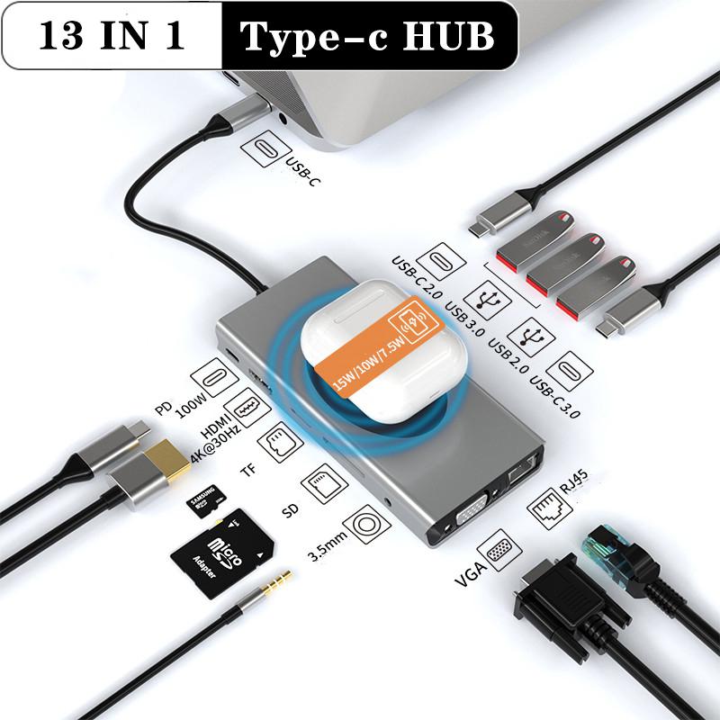 USB-C Адаптер с VGA, HDMI, RJ45, USB 3.0, PD и Беспроводной Зарядкой