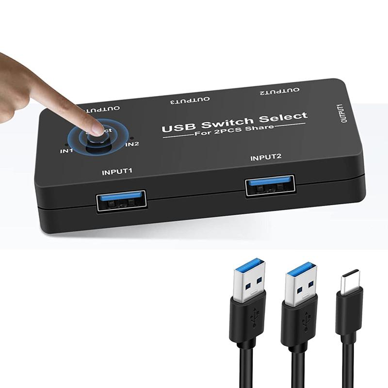 USB Switch Selector 4 Port 2 Computers Peripheral Switcher Adapter Hub for PC Printer Scanner Mouse Keyboard with One Button Switch and 2 Pack USB Male Cable