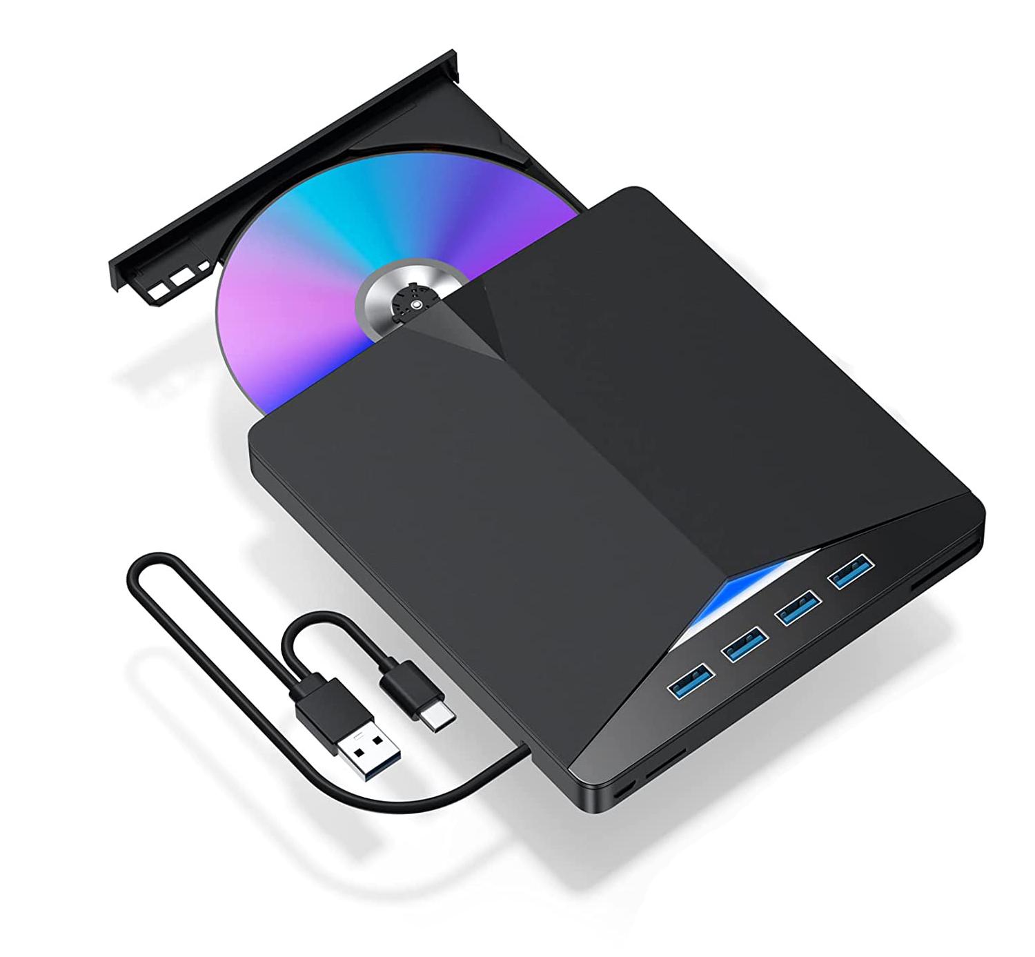LUOM External DVD Drive DVD Player with 4 USB3.0 Ports TF SD Card Reader for Laptop Portable USB Tpye-C CD/DVD+/-RW Drive/DVD Player CD ROM Burner Compatible with Windows Linux OS Apple Mac