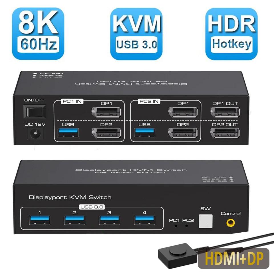 USB 3.0 HDMI + DP KVM Switch 2 Monitors 2 Computers 8K@60Hz 4K@120Hz, EDID Emulator, Dual Monitor KVM Switch for 2 Computers Share 2 Displays and 4 USB 3.0 Ports,Wired Remote and Cables