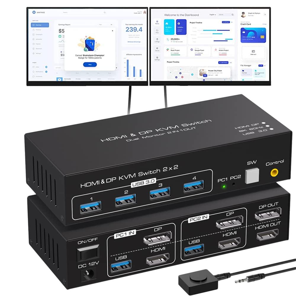 HDMI +DP kvm Switch 2 Monitors 2 Computers 8K@60hz USB 3.0 kvm switches Dual Monitor for 2 PC Share 4 USB3.0 Devices with Desktop Controller USB Cables & DC 12V Adapter
