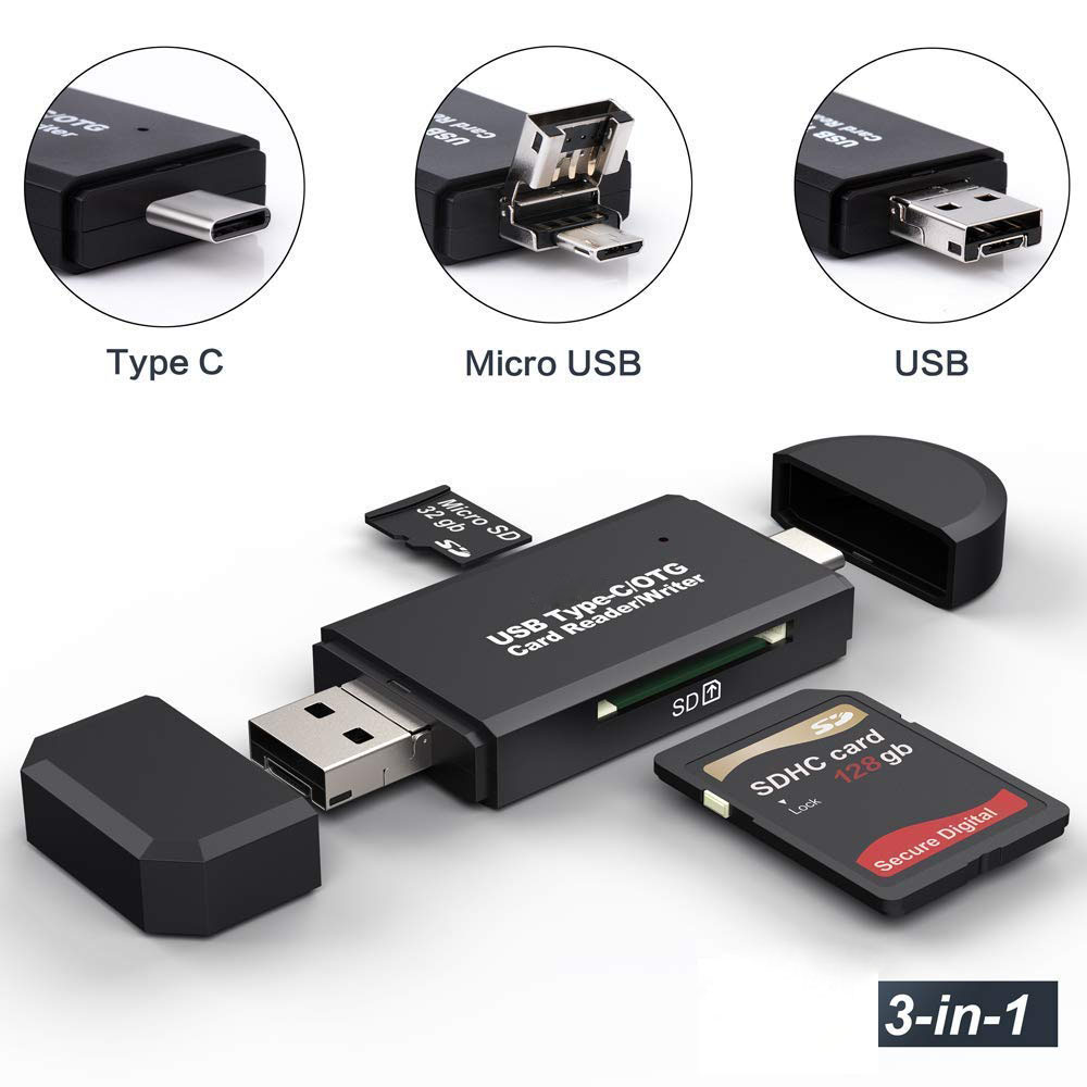 LUOM SD/Micro SD Card Reader, 3-in-1 USB2.0/Type-C/Micro-USB OTG Adapter Portable Memory Card Reader for SDXC, SDHC, SD, MMC, RS-MMC, Micro SDXC, Micro SD, Micro SDHC Card and UHS-I Cards (Black)