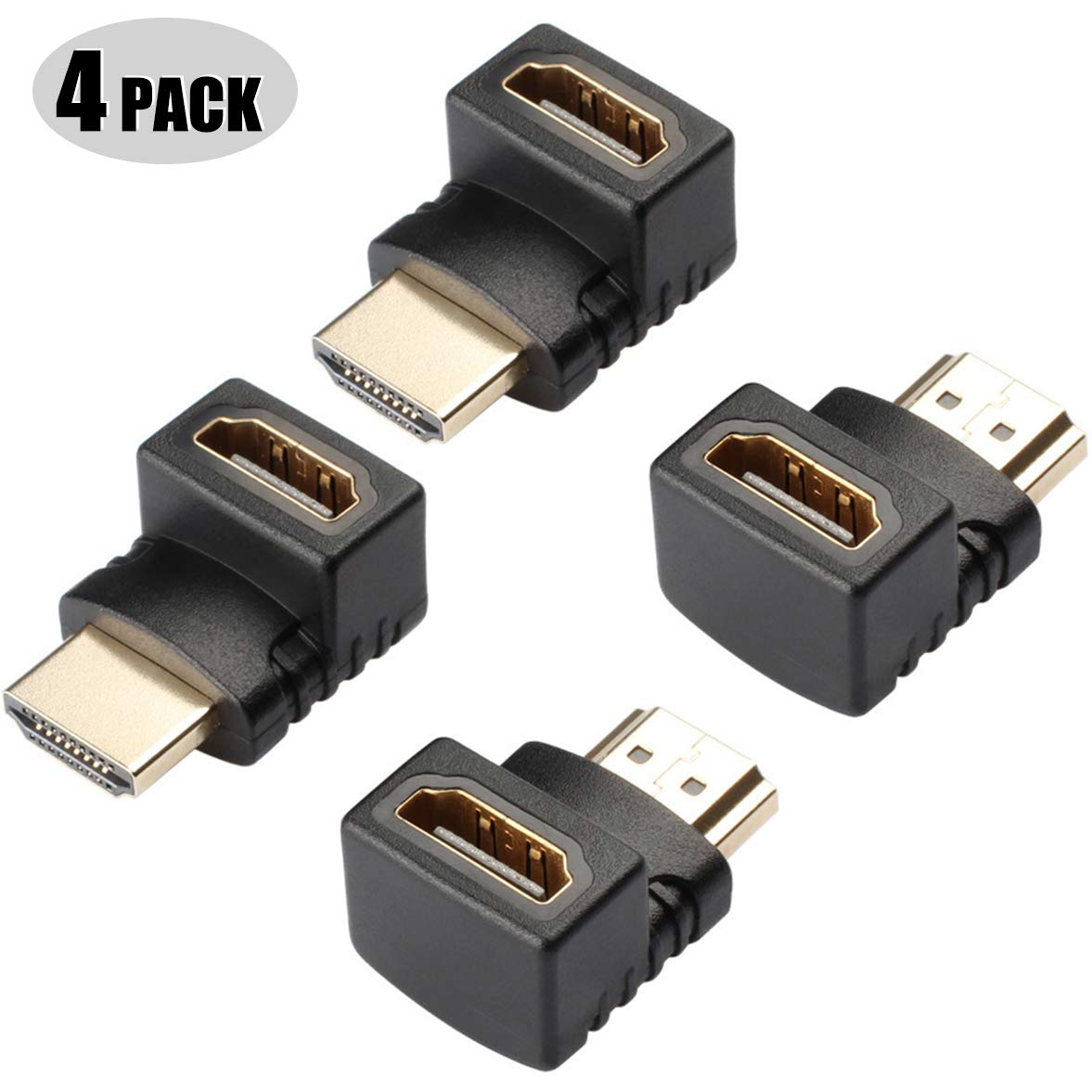 Jansicotek  — [4 Pack]  HDMI 90 and 270 Degree Right Angle Adapter, HDMI Male to Female Connector, 4K 3D HDMI Adapter for TV, Monitors, Projector, Xbox, Black