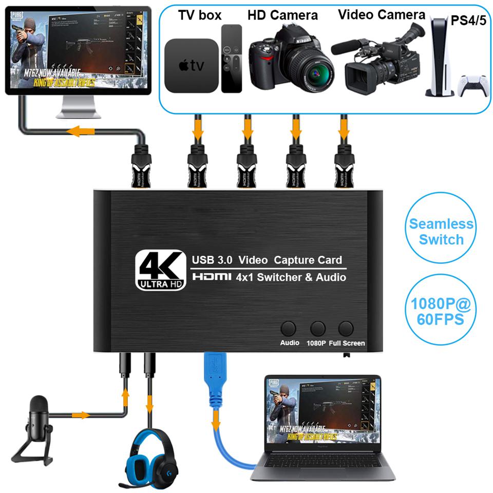 4x1 Capture Card 4K 30fps 4K 30Hz HDMI Video Game Capture Card Seamless Switch with Mic Audio HDMI Loop Out Audio out Record Broadcast Live Streaming for Nintendo PS4 PS5 Xbox One Server360