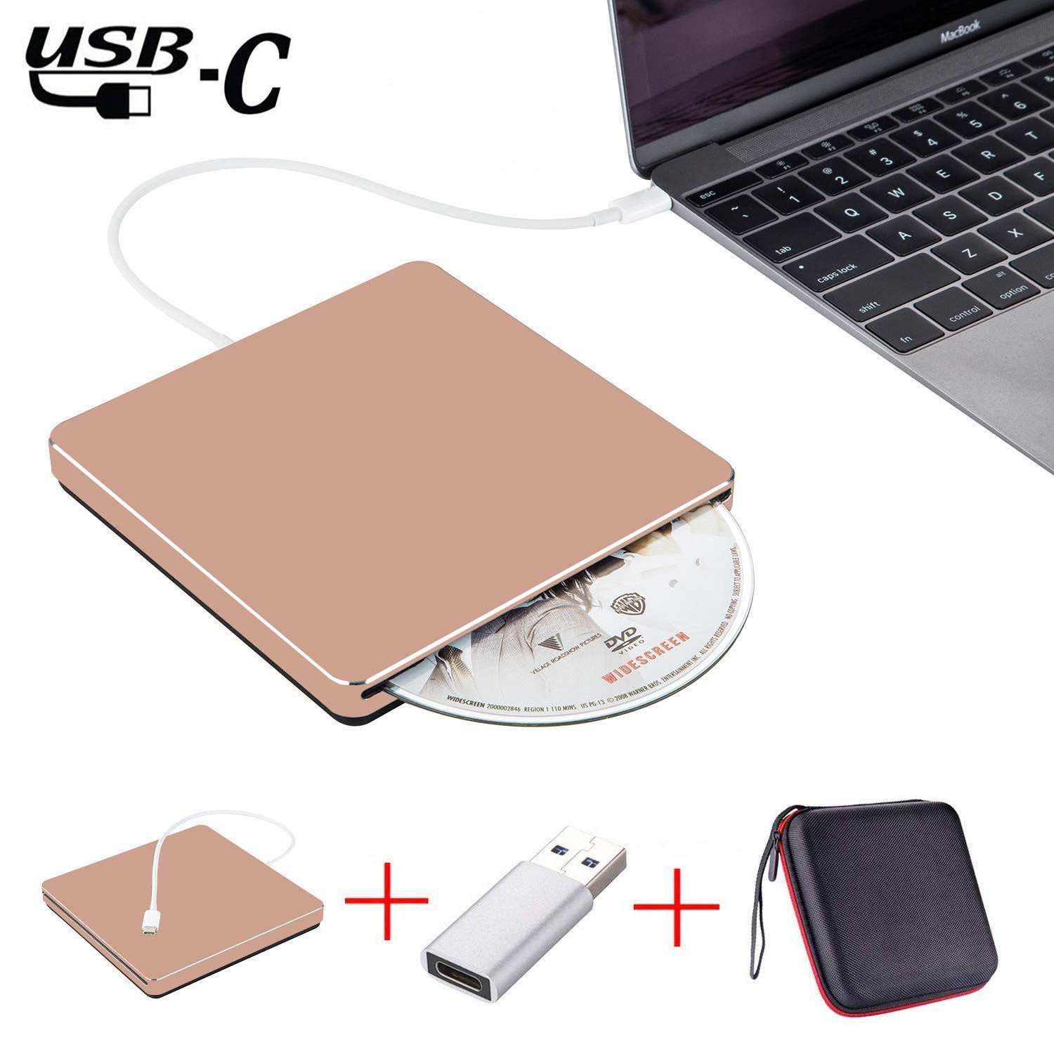 Jansicotek External DVD Drive , USB3.0 Type-C Dual Port Slim Portable CD/DVD Rewriter Burner Drive, High Speed Data Transfer for Laptop Desktop Computer Windows Linux OS Apple MacBook, Rose Pink