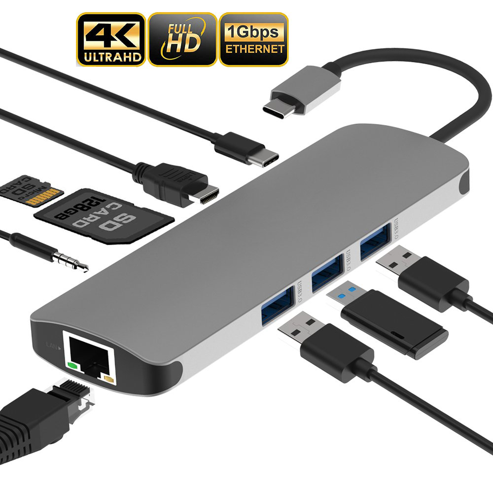 Estone USB-C хаб 9-в-1: Ethernet, HDMI 4K, 3 USB 3.0, SD/TF, PD 60W