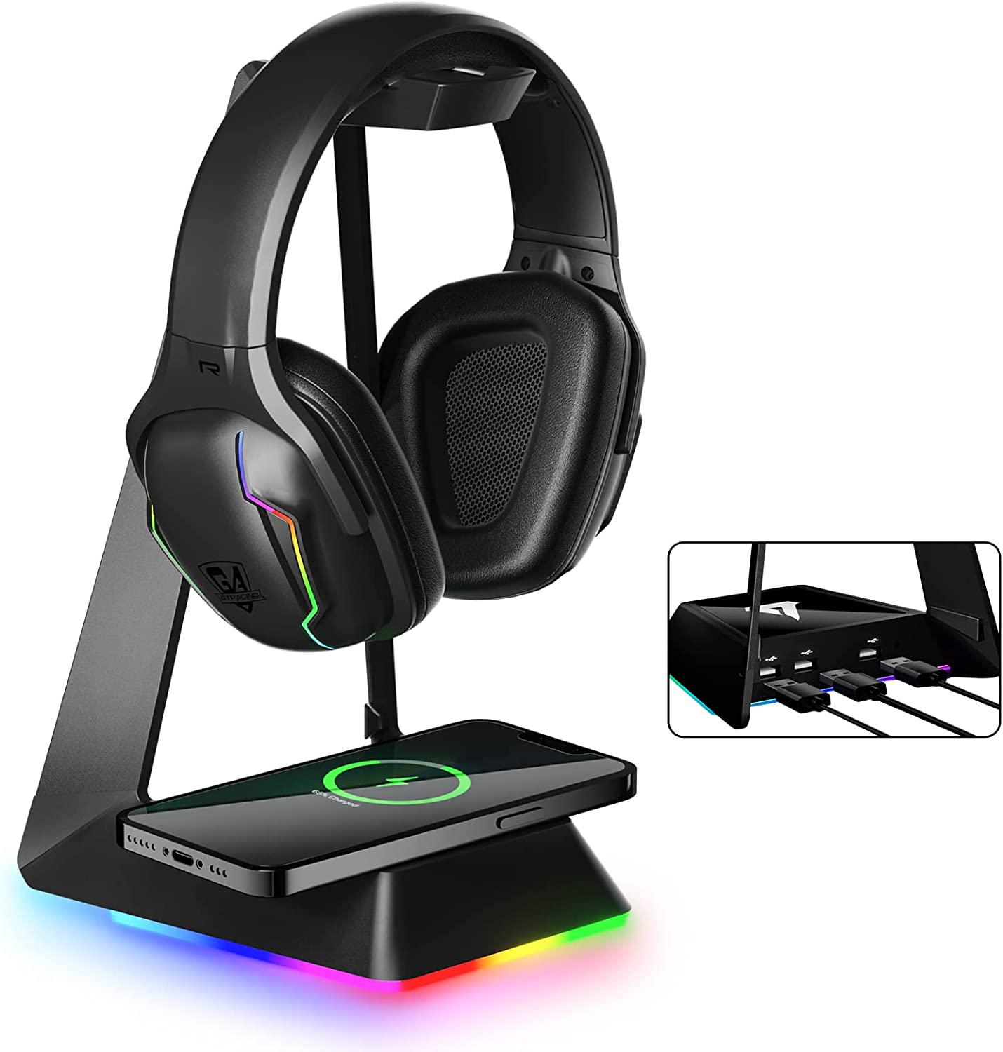 GTRACING Gaming Headphone Stand, Gaming Headset RGB Holder with Wireless Charger, 3 USB Hub, 3 in 1 Multi-Functional Base Station, Gifts for Gamers, PC Game Earphone Accessories