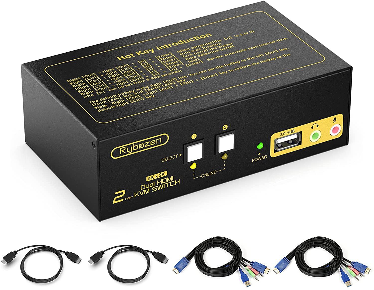 Rybozen KVM Switch 2 Port: 4K HDMI, Dual Monitor, Аудио, Микрофон, USB Hub