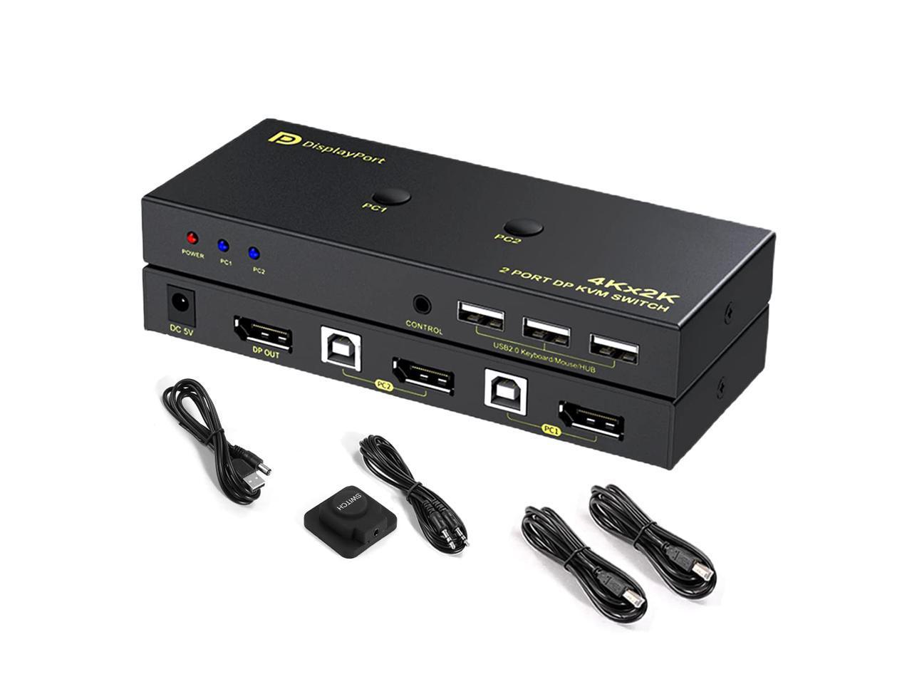 DisplayPort KVM Switch 2 Port, KVM Switch DisplayPort for 2 Computers Sharing 1 Monitor and 3 USB Devices, Support 4K @60Hz, 2K(2560X1440) @120Hz, with Extended Control Switch and 2 USB Cables