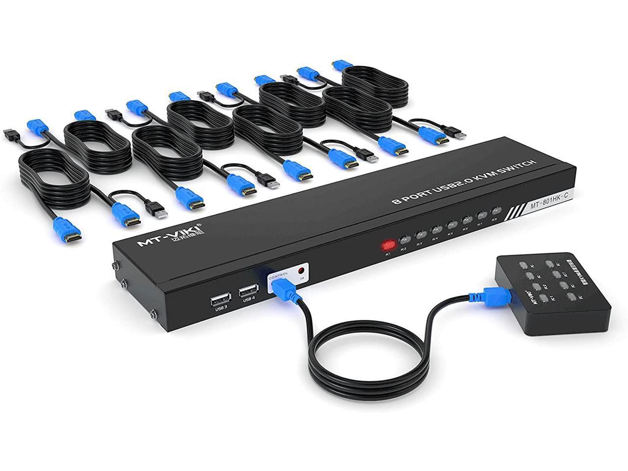 MT-VIKI 8 Ports KVM Switch HDMI, 4K @30Hz Rack Mount HDMI KVM Switch 8 in 1 Out w/KVM Cables & IR & Desktop Control & 4 USB 2.0 Hub
