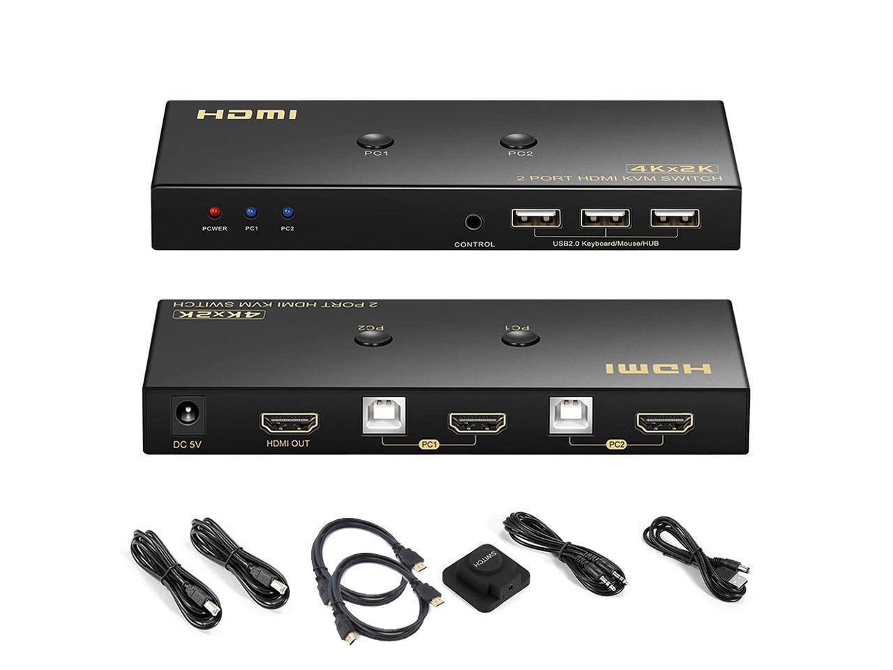 KVM Switch HDMI 2 Port 4K @60Hz, 2×1 HDMI KVM Switch for 2 Computers Sharing 1 Monitor and 3 USB Devices, with Extension Control Switch and 2 USB Cable & 2 HDMI Cable