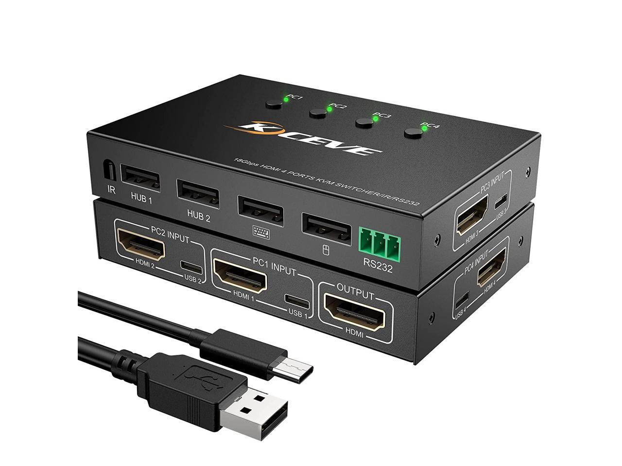 4 Port HDMI KVM Switch with Serial Port Control, 4K @60Hz 4 in 1 Out HDMI KVM Switcher Box for Share Mouse Keyboard and Monitor, Can Work with Pi-kvm, Compatible with Windows/Linux/Mac System