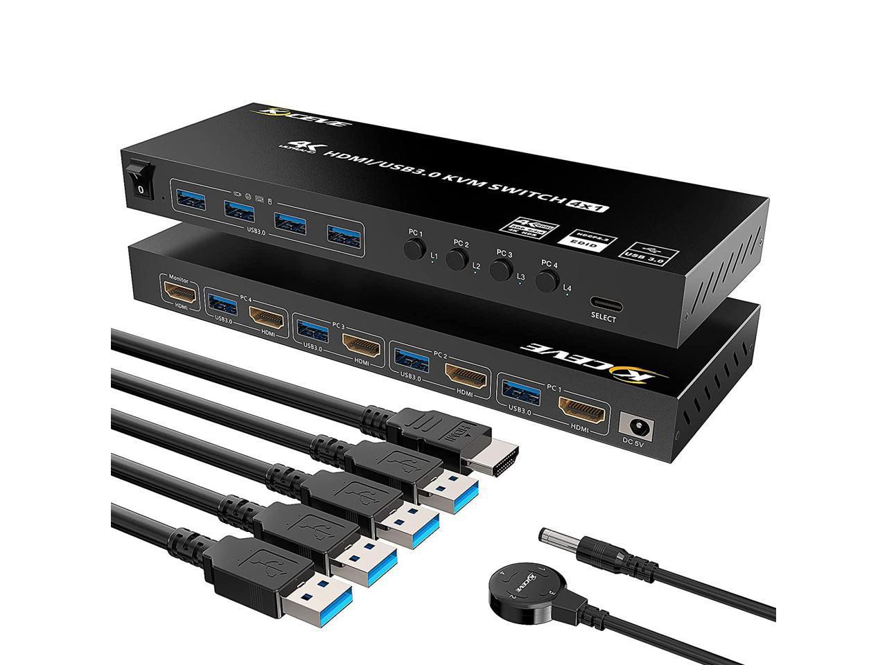 USB 3.0 KVM Switch HDMI 4 Port, Support 4K @60Hz RGB 4:4:4, USB Hub HDR EDID HDMI USB KVM Switch 4 in 1out and 4 USB 3.0 Port for Keyboard Mouse Printer,with Controller, USB 3.0 Cables and HDMI-Cable