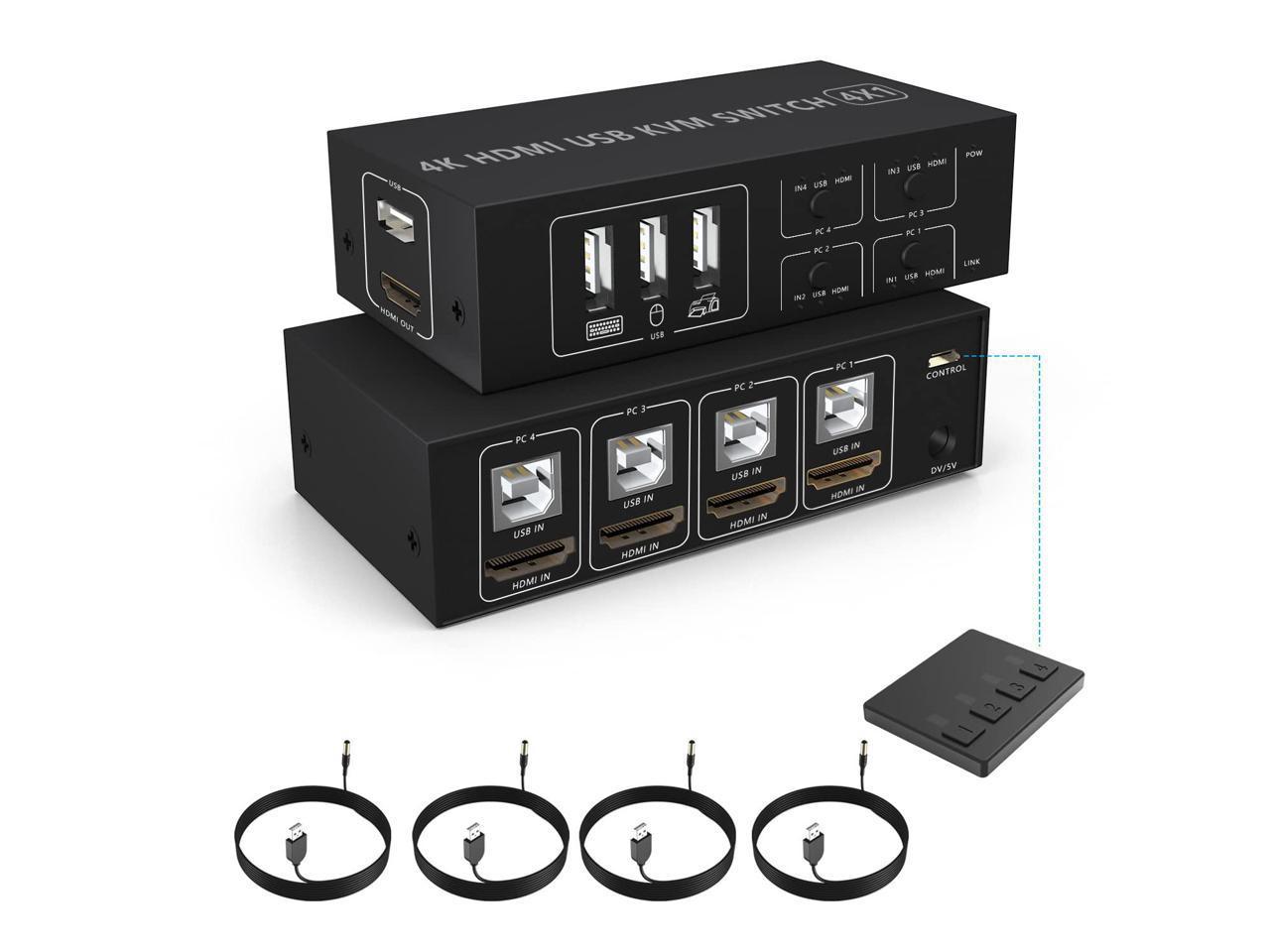 4×1 HDMI USB KVM Switch 4 Port, 4K@60Hz HDMI 4 in 1 Out KVM USB Switch One-Button Switch 4 Computers Share Keyboard Mouse Printer Monitor with 4x USB Cable,1x Controller,1x Power Cable