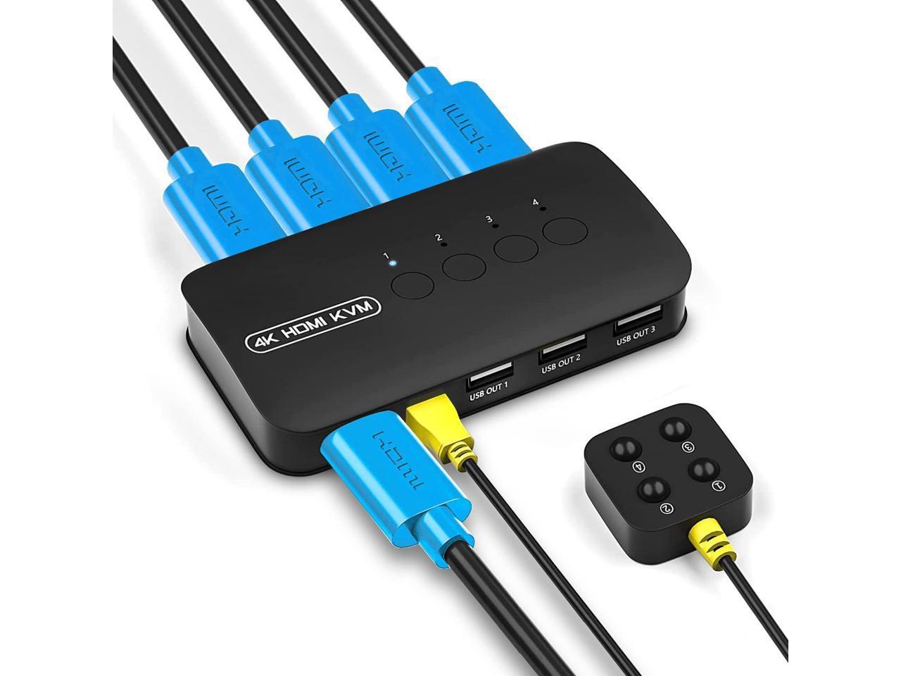 4 Ports HDMI KVM Switch, HDMI USB Selector for 4 Computers Share Keyboard Mouse Printer and One HD 4K@30Hz Monitor, Including 4 KVM Cables